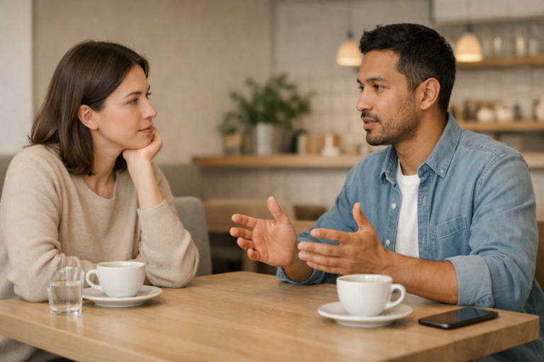 Calm discussion between friends showing respectful communication during a disagreement